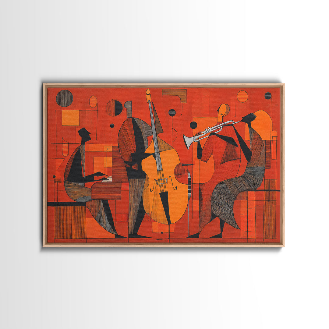 Orange Cubist Jazz Trio With Piano Bass And Trumpet Wall Art, Midcentury Modern Art Print, Atomic Music Room Retro Decor