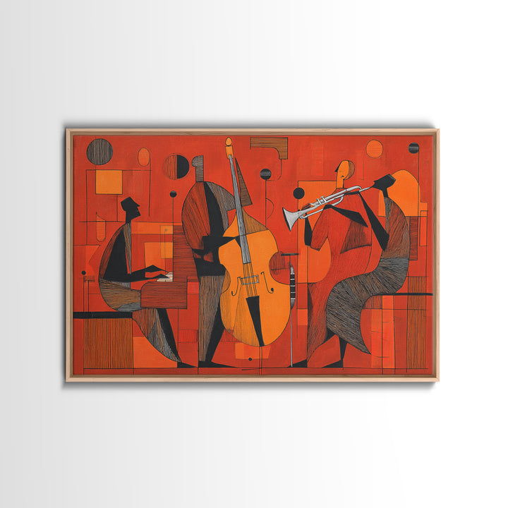 Orange Cubist Jazz Trio With Piano Bass And Trumpet Wall Art, Midcentury Modern Art Print, Atomic Music Room Retro Decor