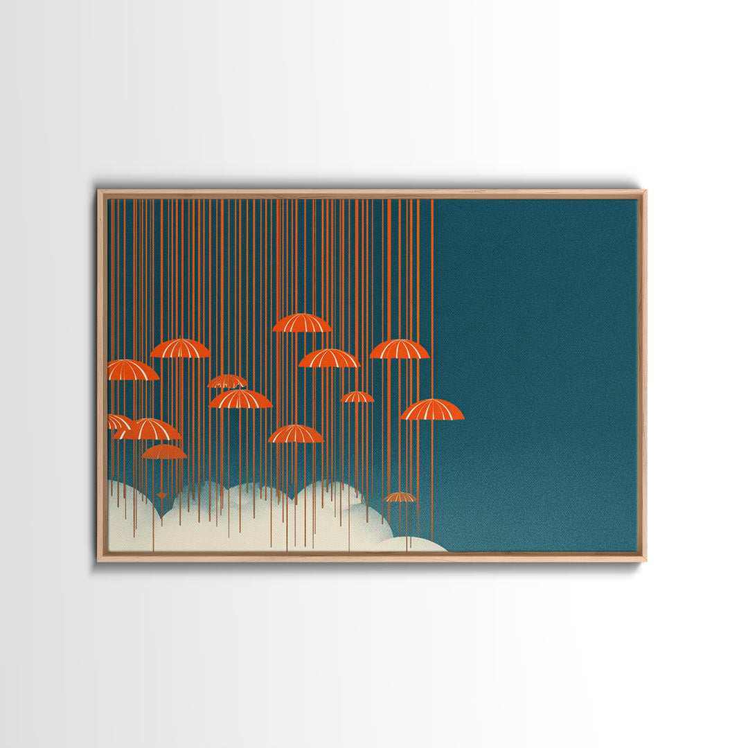 Orange Umbrella Rainfall Canvas Print, Teal Sky Cloudscape Wall Decor, Midcentury Modern Art, Retro Graphic Poster For Living Room