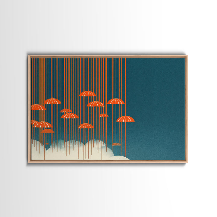 Orange Umbrella Rainfall Canvas Print, Teal Sky Cloudscape Wall Decor, Midcentury Modern Art, Retro Graphic Poster For Living Room