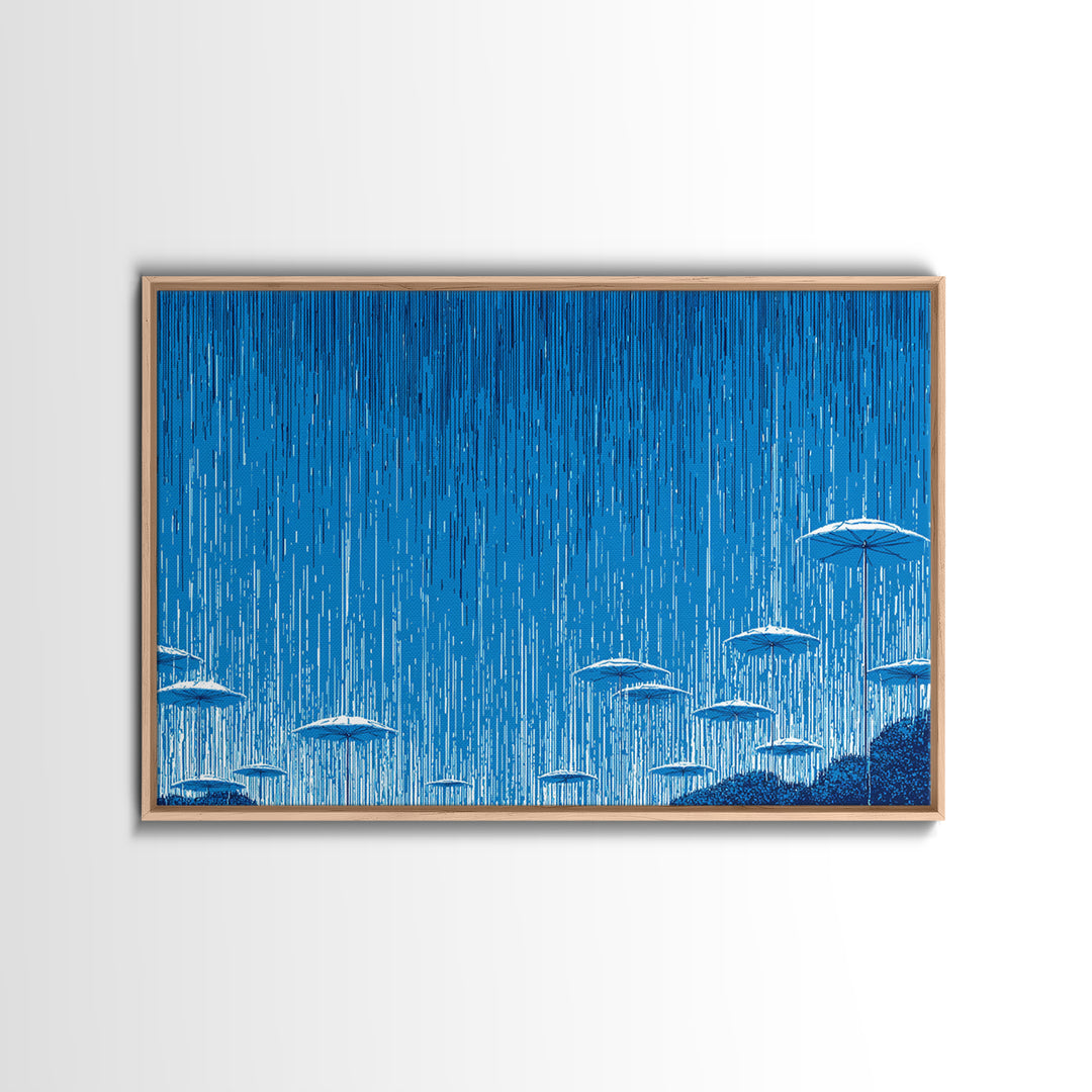 Blue Monsoon Umbrella Rain Wall Art, White Parasol Storm Scene, Modern Abstract Art Print, Coastal Bedroom Wall Decor Poster