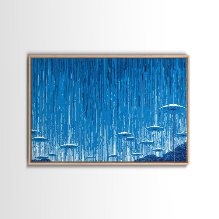 Blue Monsoon Umbrella Rain Wall Art, White Parasol Storm Scene, Modern Abstract Art Print, Coastal Bedroom Wall Decor Poster