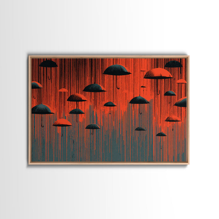 Red And Black Umbrella Storm Framed Canvas Print, Dramatic Rain Wall Art, Modern Abstract Poster, Bold MCM Wall Decor Print
