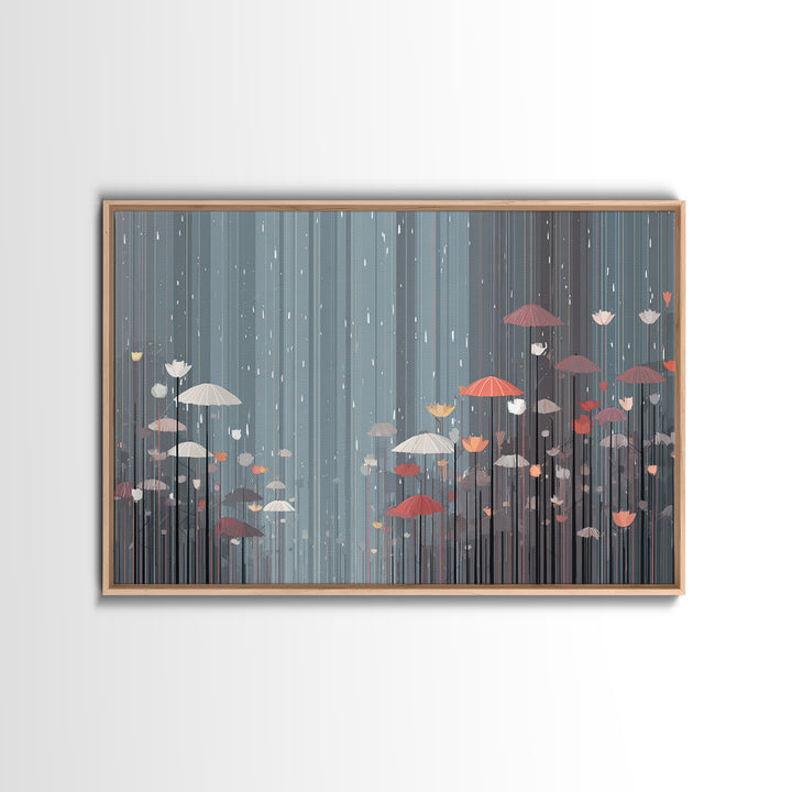 Soft Gray Floral Umbrella Rain Wall Art, Moody Botanical Storm Scene, Modern Home Decor, Bedroom Framed Canvas Print Poster
