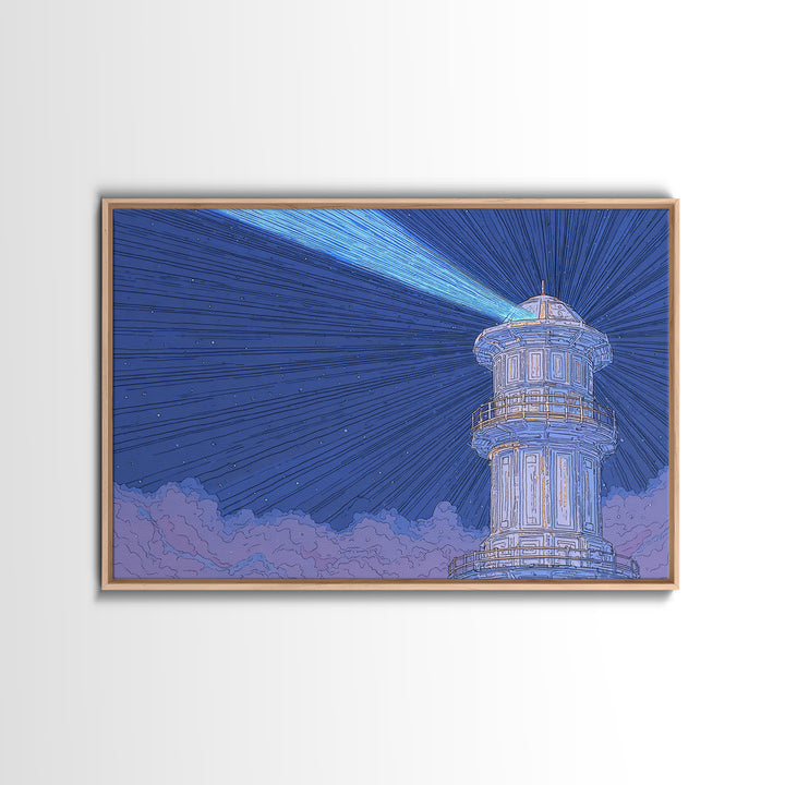 Blue Lighthouse Beam Framed Canvas Print, Coastal Night Sky Wall Art, Nautical Modern Poster, Scenic Ocean Home Decor Print
