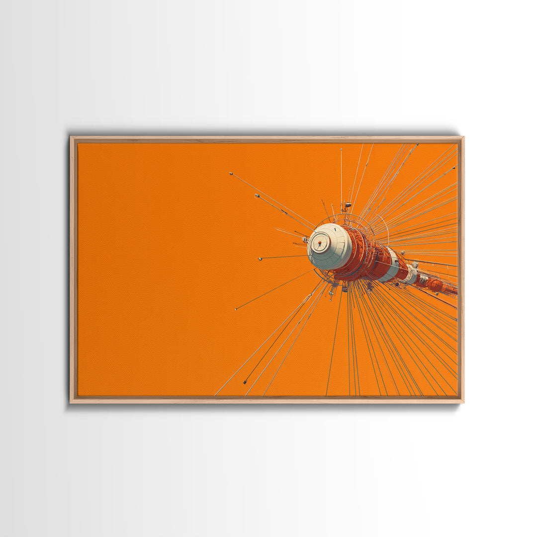 Orange Retro Space Satellite Canvas Print, Sputnik Inspired Antenna Wall Art, Modern Sci Fi Poster, Midcentury Decor Gift