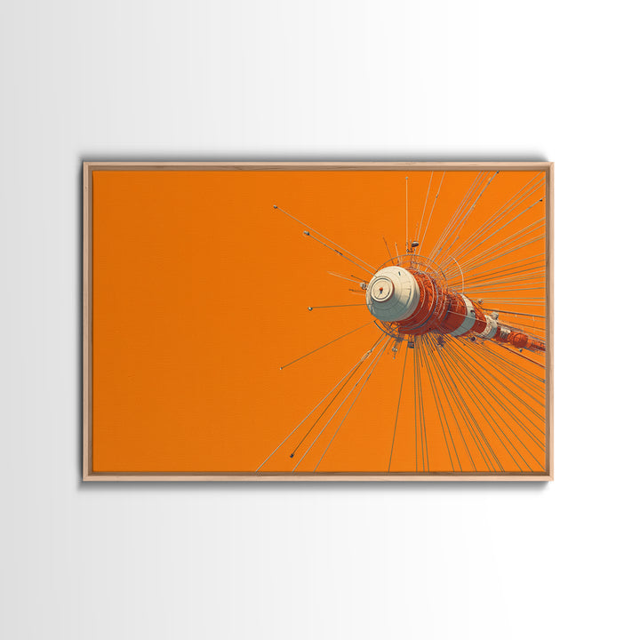 Orange Retro Space Satellite Canvas Print, Sputnik Inspired Antenna Wall Art, Modern Sci Fi Poster, Midcentury Decor Gift