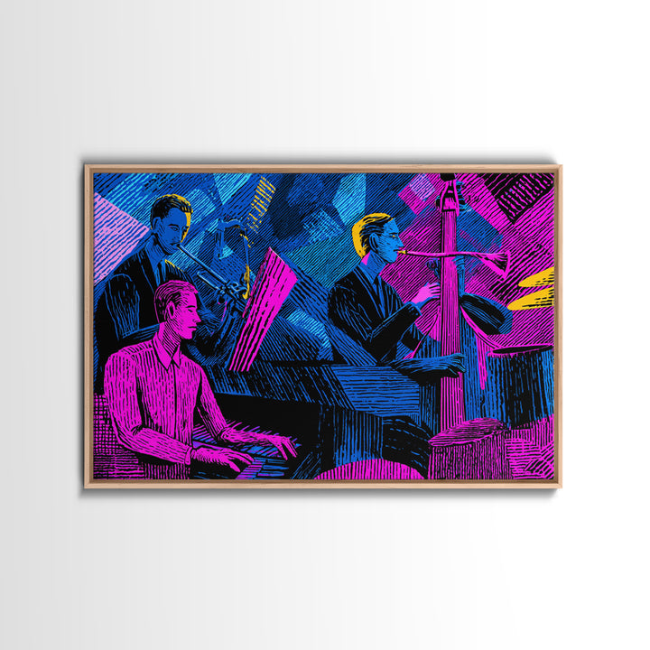 Electric Blue Magenta Jazz Club Trio Wall Art, Midcentury Modern Art Print, Neon Retro Piano Bass Music Room Decor, Poster