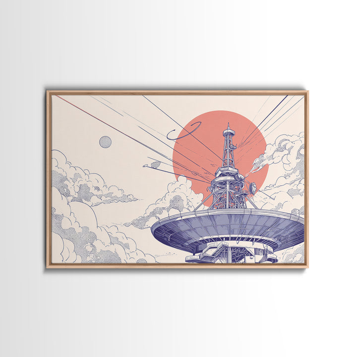 Retro Satellite Dish Under Coral Sun Wall Art, Mid Century Modern Space Poster, Sci Fi Architectural Print, Office Wall Decor