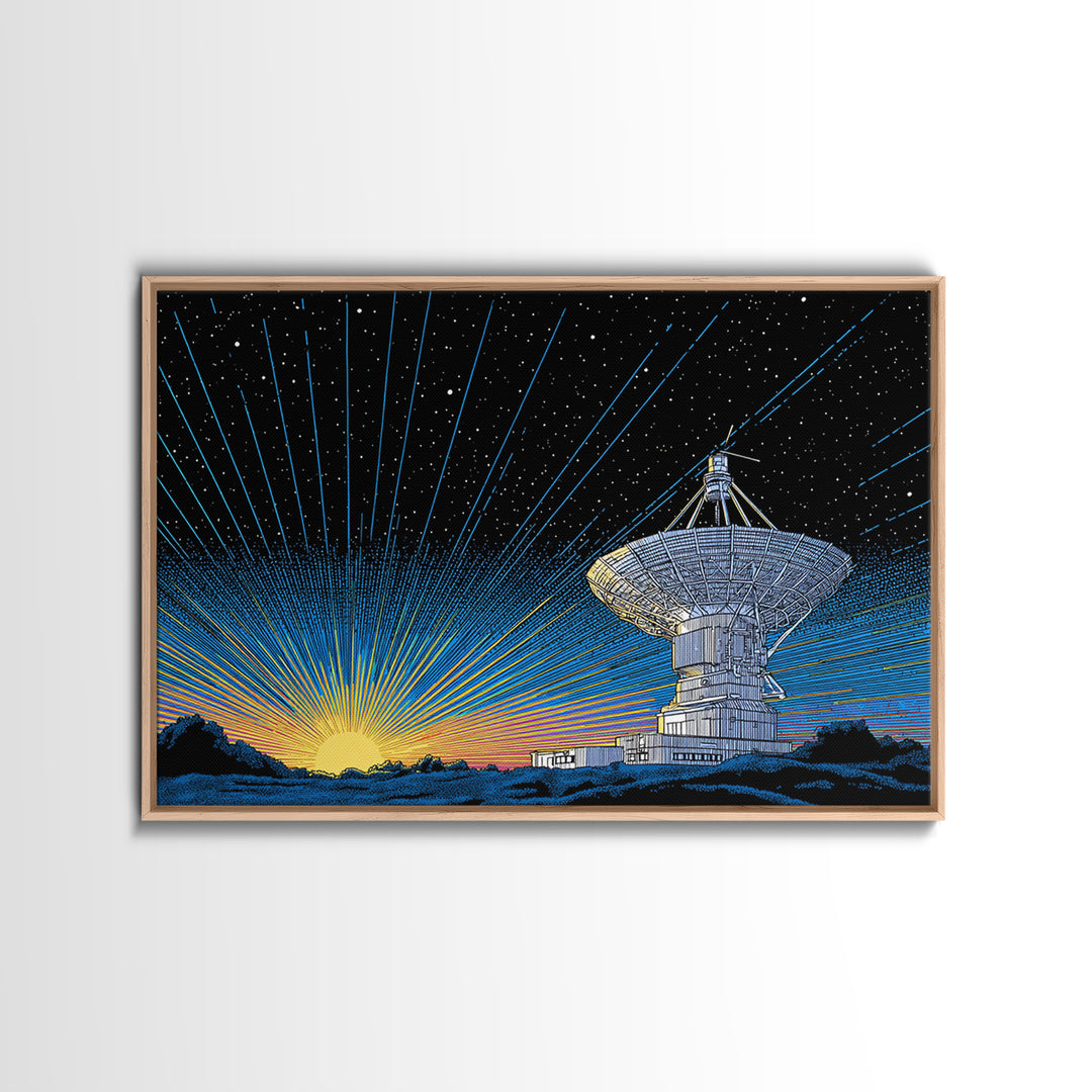 Starry Radio Telescope Sunrise Canvas Print, Mid Century Modern Wall Art, Retro Space Poster, Astronomy Home Office Decor