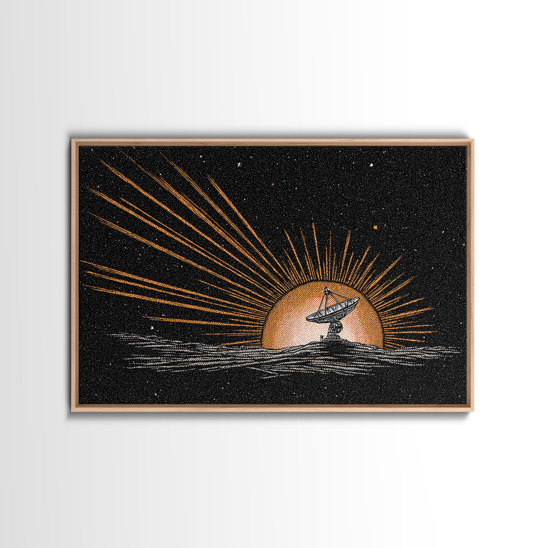 Tiny Satellite Dish On Orange Planet Wall Art, Retro Sci Fi Space Poster, Mid Century Modern Abstract Art Print, Man Cave Decor