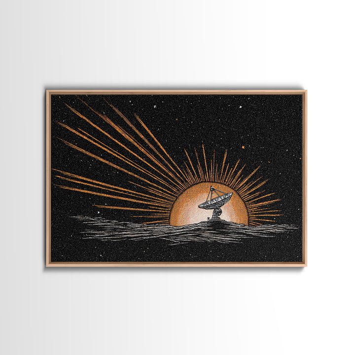 Tiny Satellite Dish On Orange Planet Wall Art, Retro Sci Fi Space Poster, Mid Century Modern Abstract Art Print, Man Cave Decor