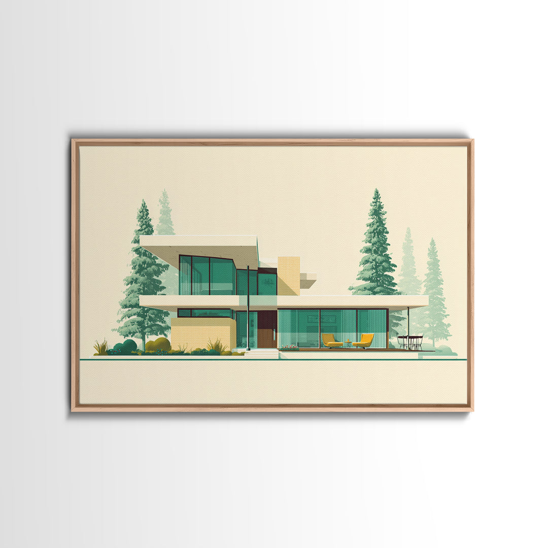 Minimal Glass House With Pines Framed Canvas Print, Mid Century Modern Architecture Wall Art, Scandinavian Modern Home Decor