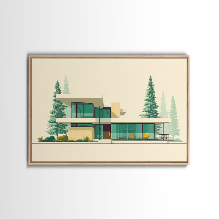 Minimal Glass House With Pines Framed Canvas Print, Mid Century Modern Architecture Wall Art, Scandinavian Modern Home Decor