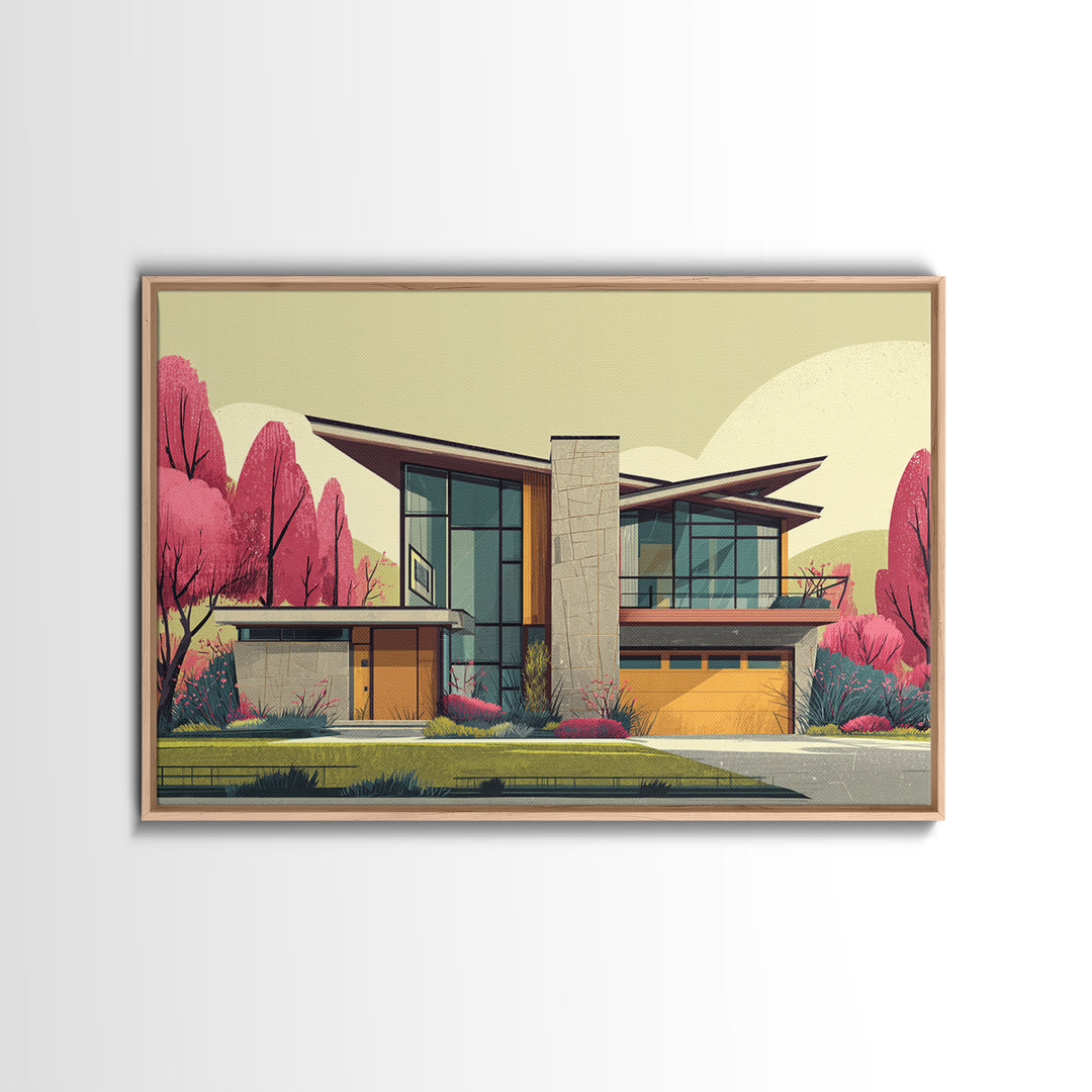 Angular Modern Home With Pink Trees Wall Art, Mid Century Modern Architecture Print, Colorful Retro Home Decor, MCM Poster