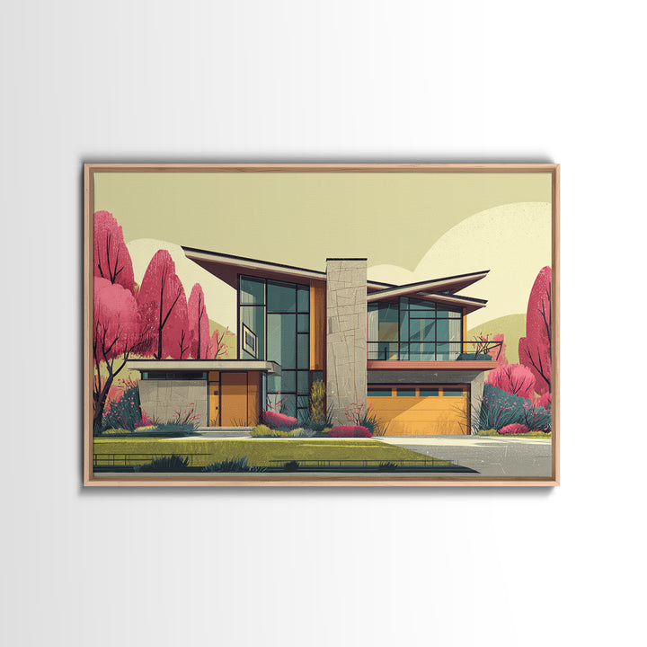 Angular Modern Home With Pink Trees Wall Art, Mid Century Modern Architecture Print, Colorful Retro Home Decor, MCM Poster
