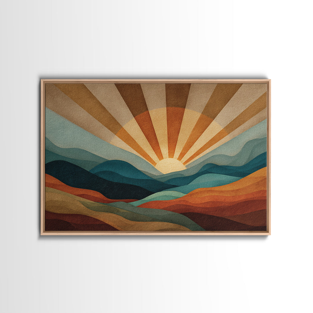 Layered Mountain Sunrise In Teal And Rust Canvas Print, Mid Century Modern Abstract Wall Art, Retro Boho Living Room Decor