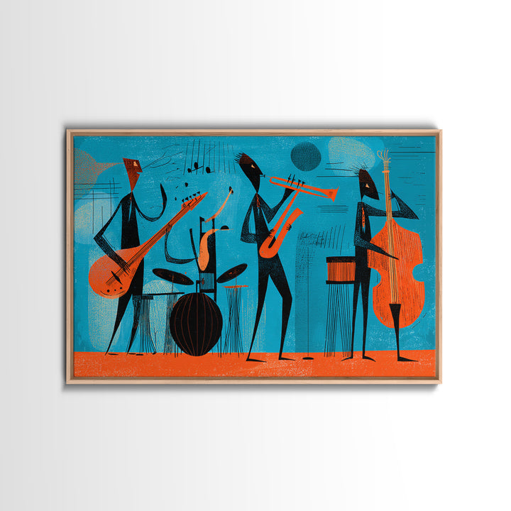 Teal Orange Midcentury Jazz Band With Drums And Bass Canvas Print, Atomic Modern Wall Art, Retro Music Room Decor, Poster