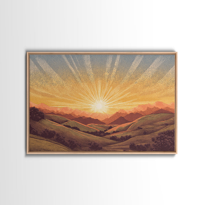 Golden Sunrise Over Rolling Hills Wall Art, Scenic Landscape Poster, Mid Century Modern Nature Art, Warm Bedroom Decor Print