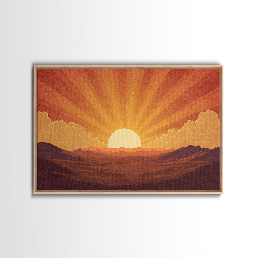 Orange Desert Sunrise Wall Art, Retro Sunburst Landscape Print, Mid Century Modern Decor, Warm Southwestern Living Room Art