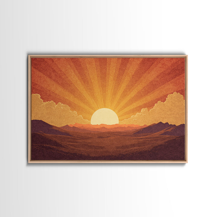Orange Desert Sunrise Wall Art, Retro Sunburst Landscape Print, Mid Century Modern Decor, Warm Southwestern Living Room Art