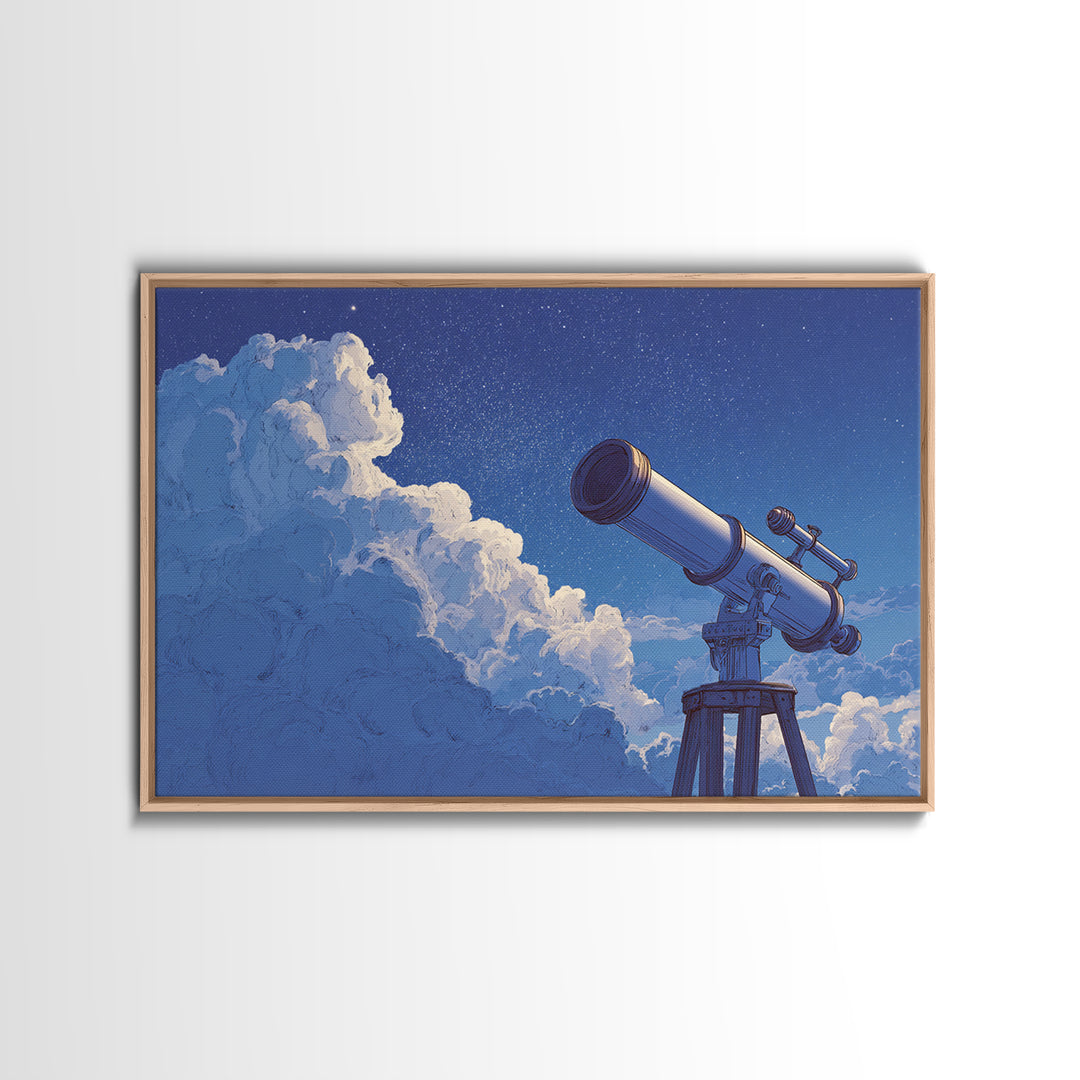 Blue Cloud Telescope Framed Canvas Print, Dreamy Night Sky Illustration, Astronomy Wall Decor For Modern Bedroom And Office Art