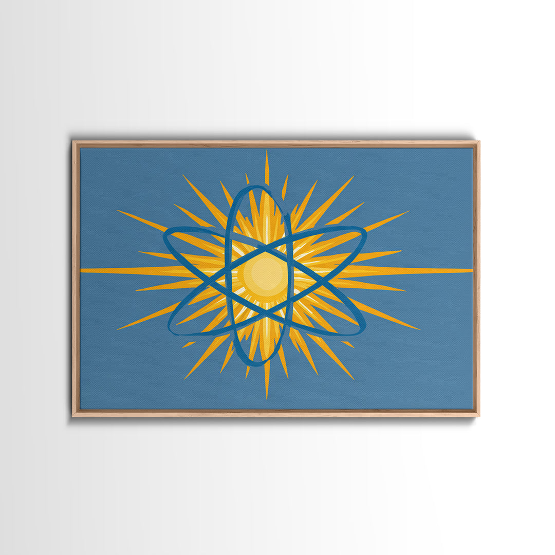 Blue Atom Sunburst Wall Art, Mid Century Modern Science Print, Atomic Geometric Poster For Office And Kids Room Home Decor