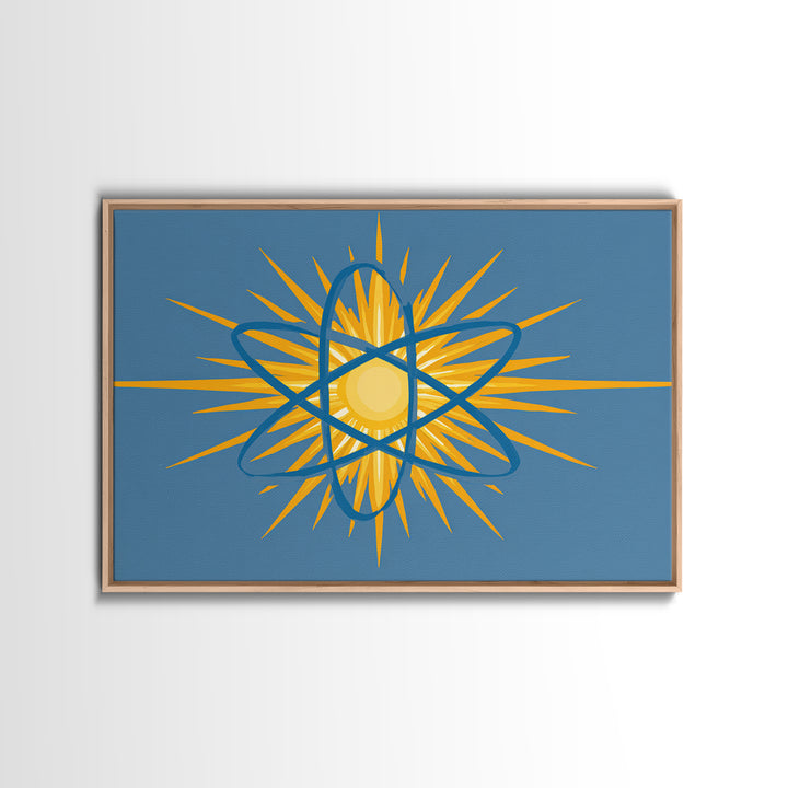 Blue Atom Sunburst Wall Art, Mid Century Modern Science Print, Atomic Geometric Poster For Office And Kids Room Home Decor