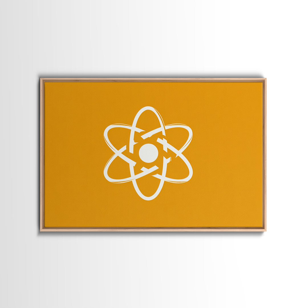 White Atom Symbol Canvas Print, Minimal Orange Science Poster, Mid Century Modern Wall Art For Office And Classroom Decor