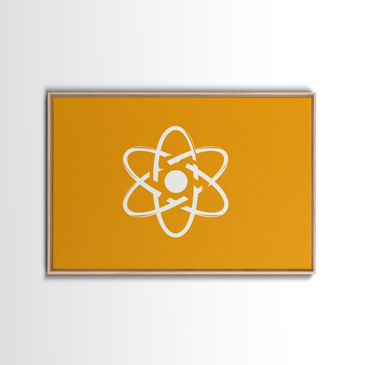 White Atom Symbol Canvas Print, Minimal Orange Science Poster, Mid Century Modern Wall Art For Office And Classroom Decor