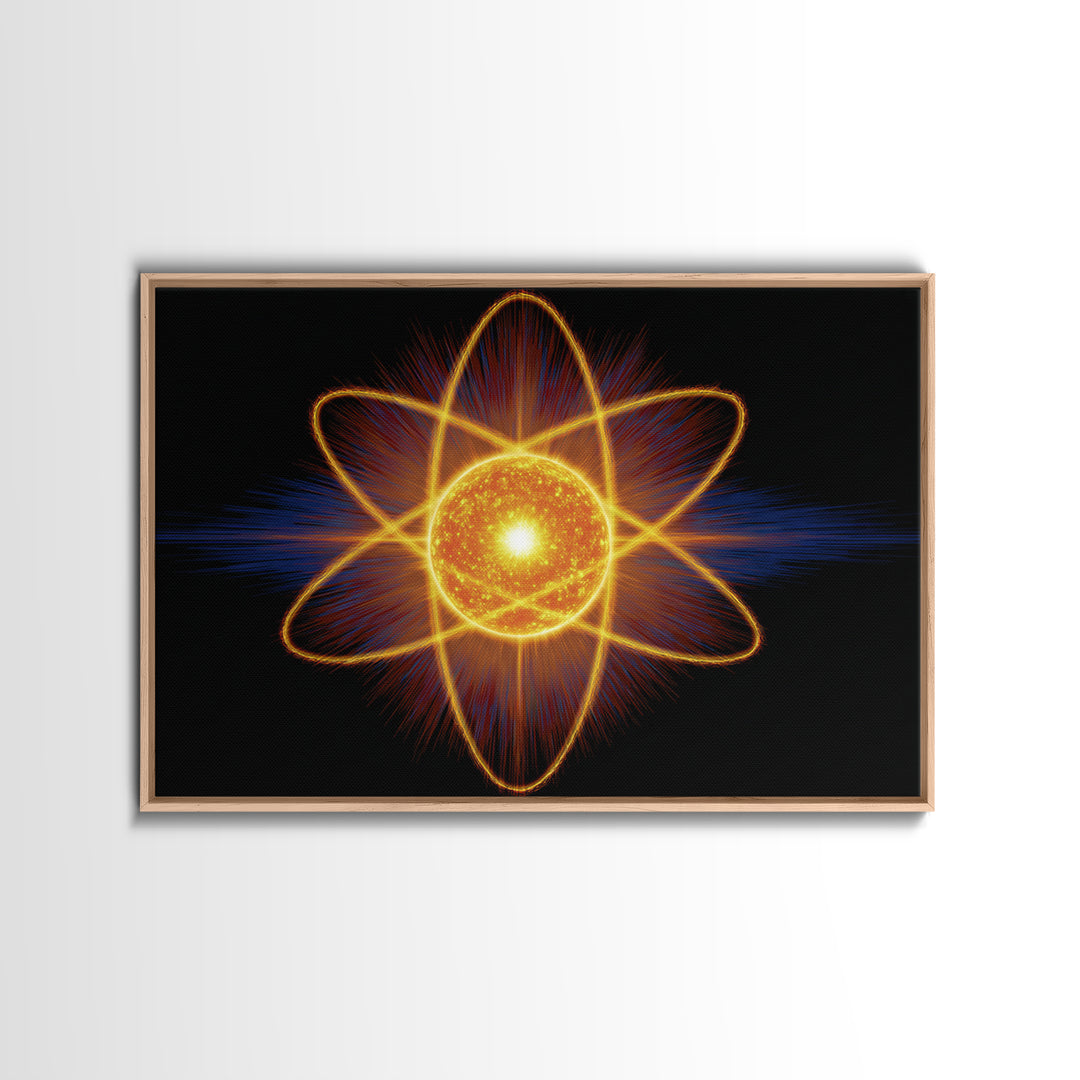 Glowing Atom Energy Wall Art, Black Space Science Print, Atomic Mid Century Modern Poster For Office And Man Cave Home Decor