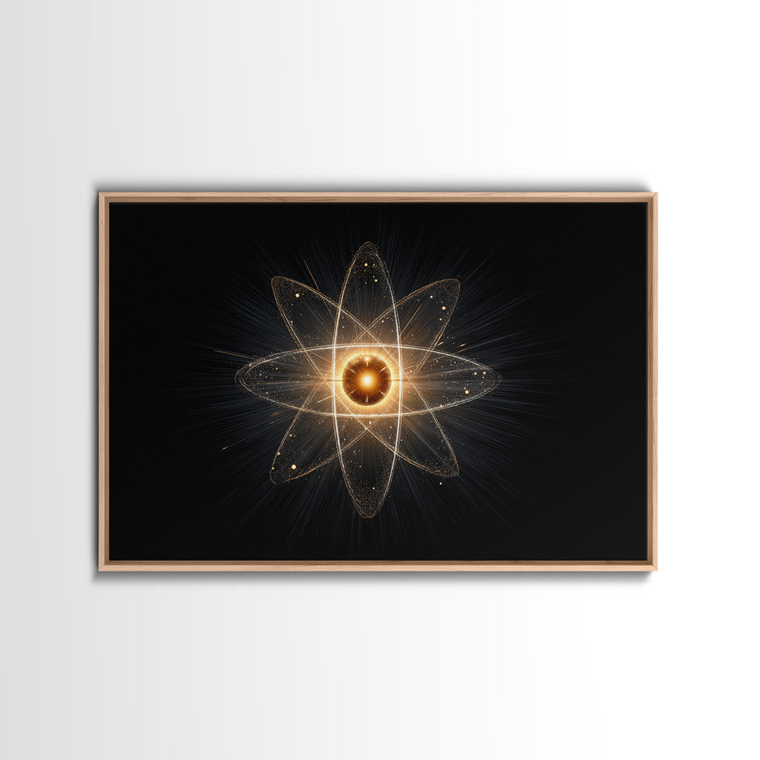 Glowing Atomic Starburst Orbit Wall Art, Midcentury Modern Science Poster, Black Gold Abstract Art Print, Retro Space Decor