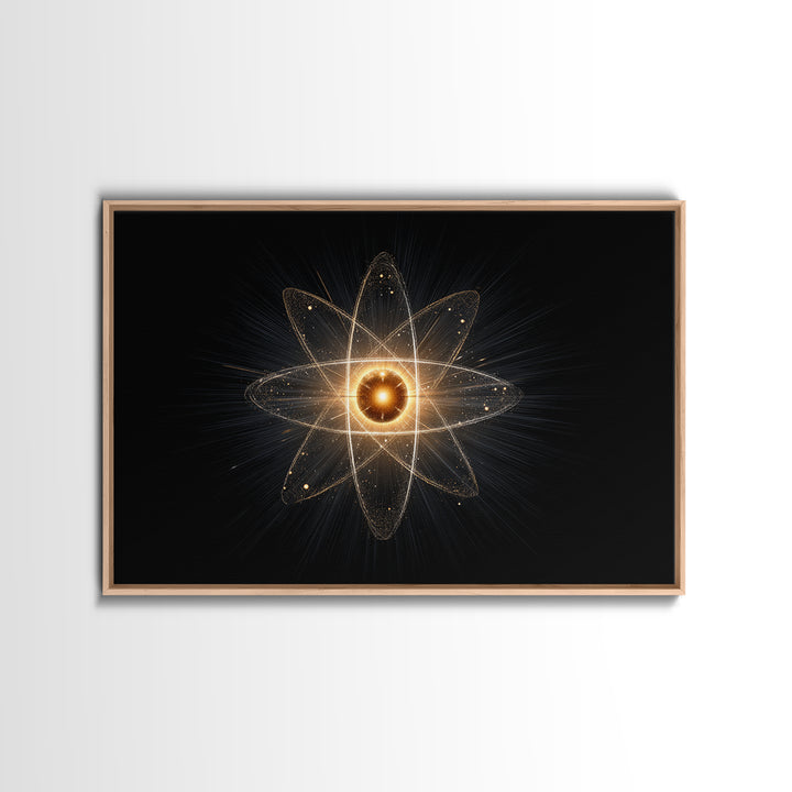 Glowing Atomic Starburst Orbit Wall Art, Midcentury Modern Science Poster, Black Gold Abstract Art Print, Retro Space Decor