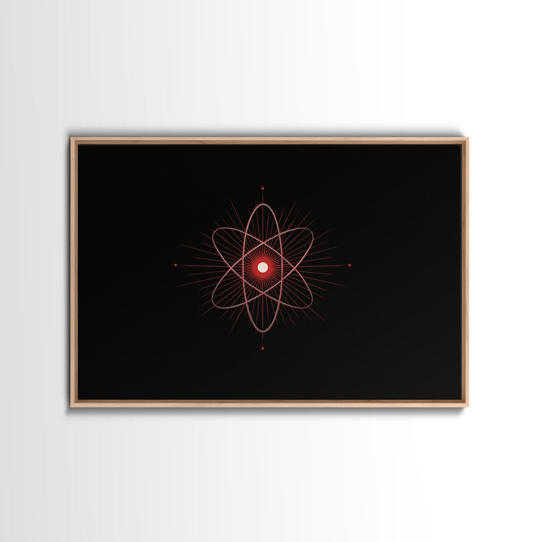 Red Atomic Orbit Canvas Print, Minimal Midcentury Science Poster, Black Space Wall Decor, Geometric Modern Abstract Art Print