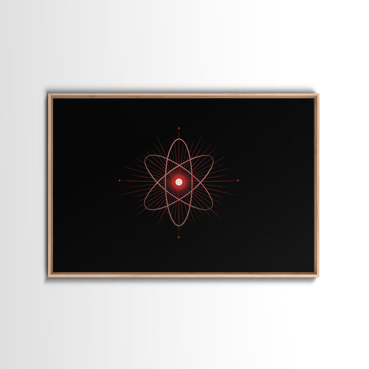 Red Atomic Orbit Canvas Print, Minimal Midcentury Science Poster, Black Space Wall Decor, Geometric Modern Abstract Art Print
