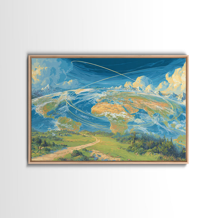 Painterly Earth Orbit Wall Art, Scenic World Landscape Poster, Blue Sky Modern Art Print, Travel Inspired Home Office Decor