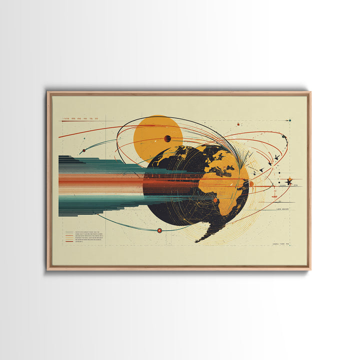 Retro Globe Orbit Wall Art, Midcentury Modern Map Poster, Orange Sun Abstract Geometric Print, Stylish MCM Home Office Decor