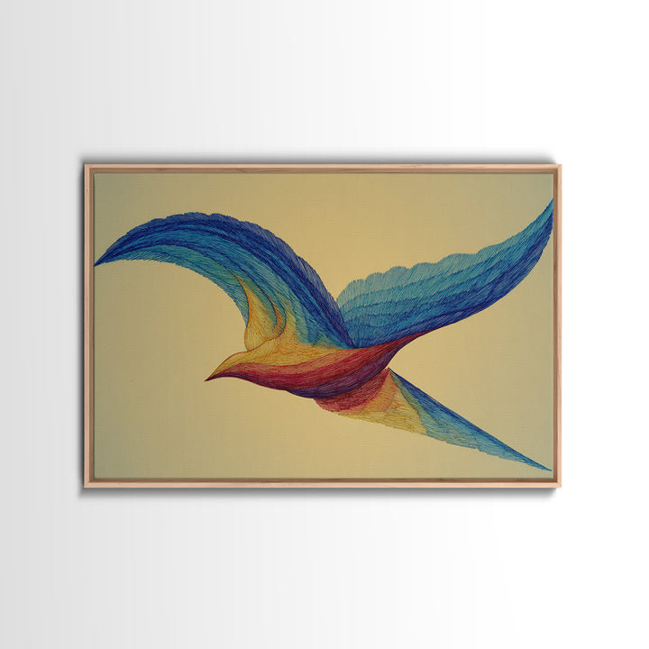 Rainbow Wire Bird Canvas Print, Flowing Kinetic Sculpture Art, Midcentury Modern Abstract Wall Art, Bright Colorful Home Decor