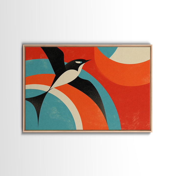 Modern Penguin Bird With Red Sun Canvas Print, Mid Century Modern Wall Decor, Retro Geometric Poster, Colorful Nursery Art