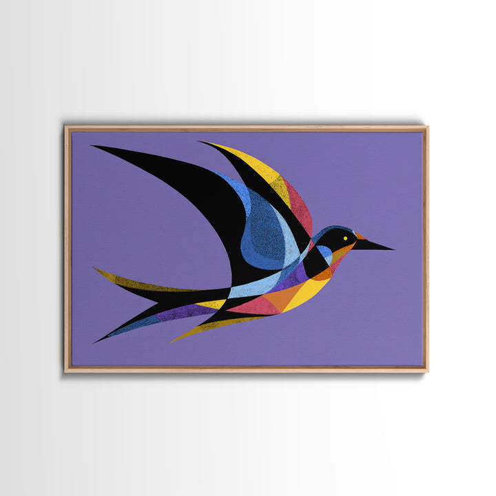 Colorful Swallow Bird On Purple Framed Canvas Print, Mid Century Modern Wall Art, Retro Atomic Decor, Geometric Art Print