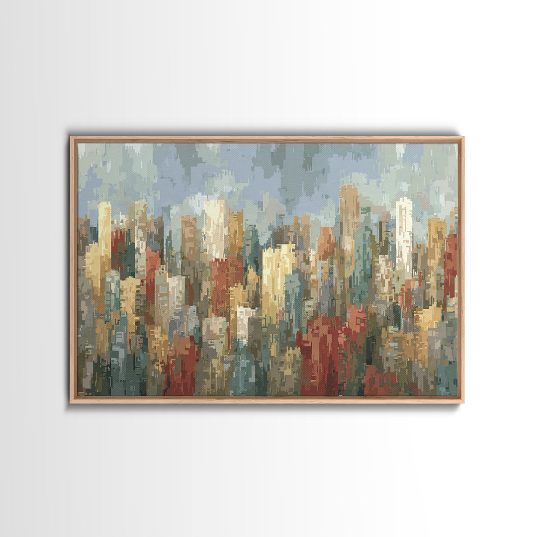 Rainy Impressionist City Skyline Framed Canvas Print, Modern Wall Art, Urban Landscape Decor, Office Poster, Soft Abstract Art