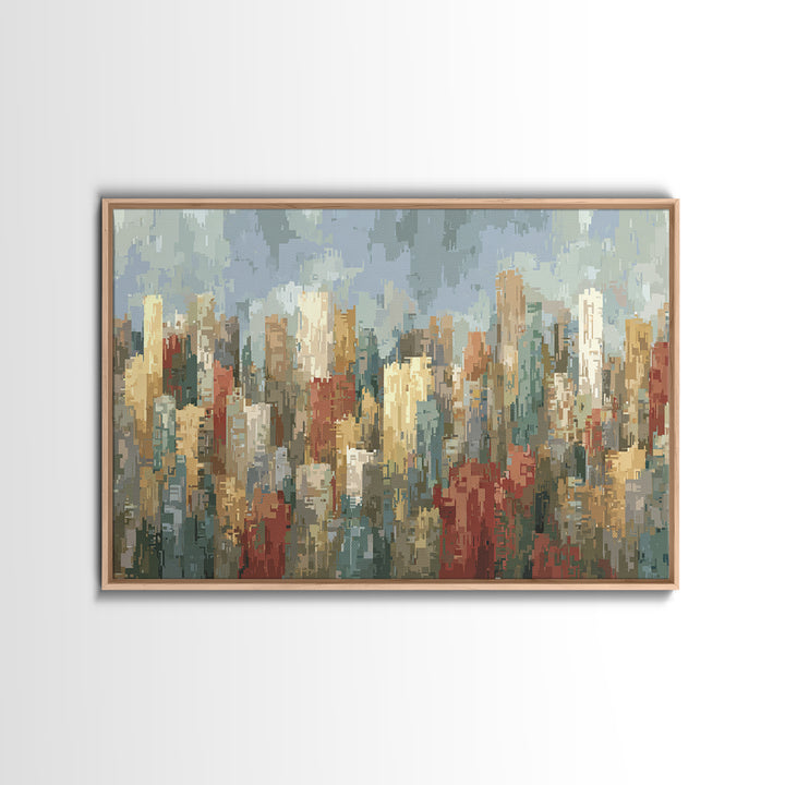 Rainy Impressionist City Skyline Framed Canvas Print, Modern Wall Art, Urban Landscape Decor, Office Poster, Soft Abstract Art