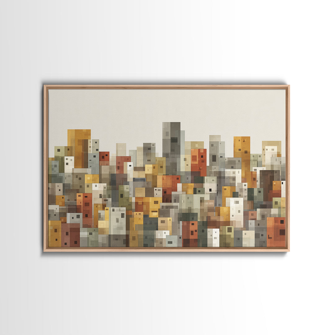 Whimsical Cubist City Blocks Canvas Print, Mid Century Modern Wall Art, Geometric Buildings Decor, Kids Room Cityscape Poster