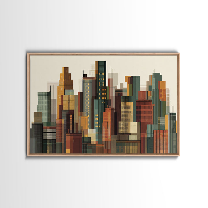 Architectural City Skyline Wall Art, Mid Century Modern Urban Decor, Geometric Building Print, MCM Office Poster, Warm Neutral