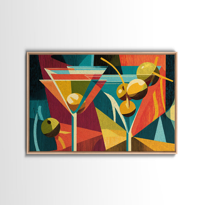 Retro Martini With Olives Canvas Print, Mid Century Modern Bar Cart Wall Art, Cocktail Decor, Colorful Geometric Kitchen Poster