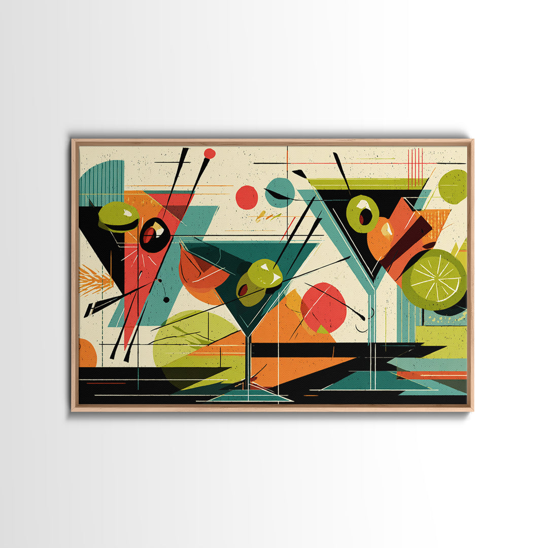Olive Martini Glasses With Lime, Midcentury Modern Wall Art, Retro Cocktail Print, Atomic Bar Decor, Colorful MCM Poster