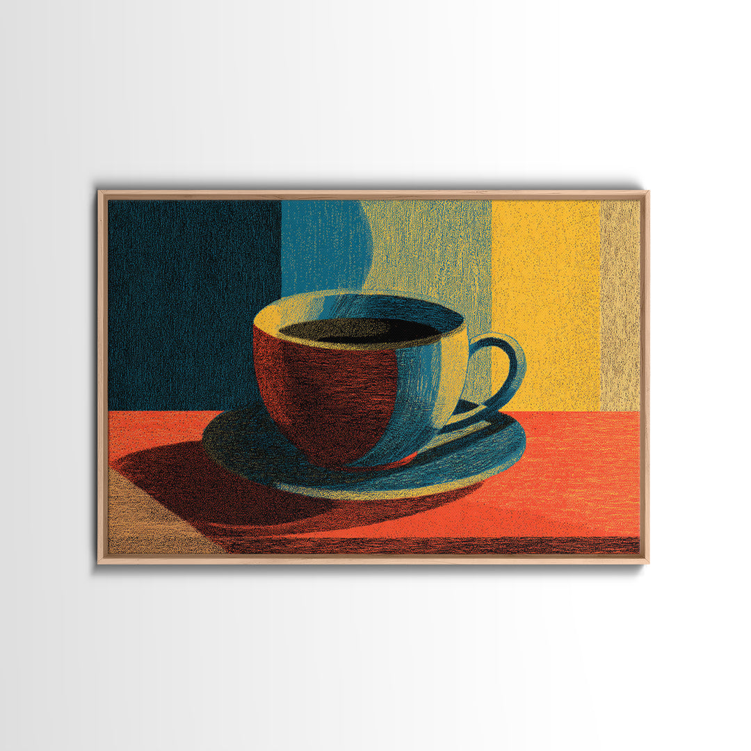 Sunlit Coffee Cup Still Life, Canvas Print, Midcentury Modern Art, Retro Kitchen Poster, Warm Orange Blue Wall Decor Print