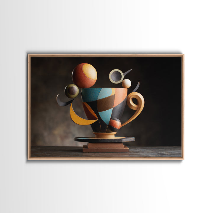 Geometric Sculptural Teacup Still Life, Framed Canvas Print, Midcentury Modern Artwork, Abstract Coffee Decor Statement Piece