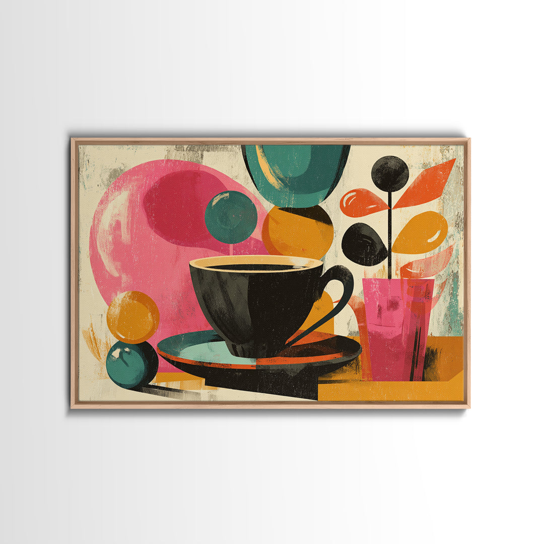 Black Coffee Cup With Pink Circles, Midcentury Modern Wall Art, Retro Cafe Poster, Abstract Botanical Shapes Home Decor Print