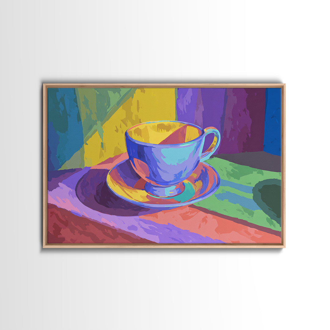 Rainbow Blue Teacup Still Life, Framed Canvas Print, Colorful Modern Wall Art, Retro Kitchen Poster, Bright Home Decor Gift